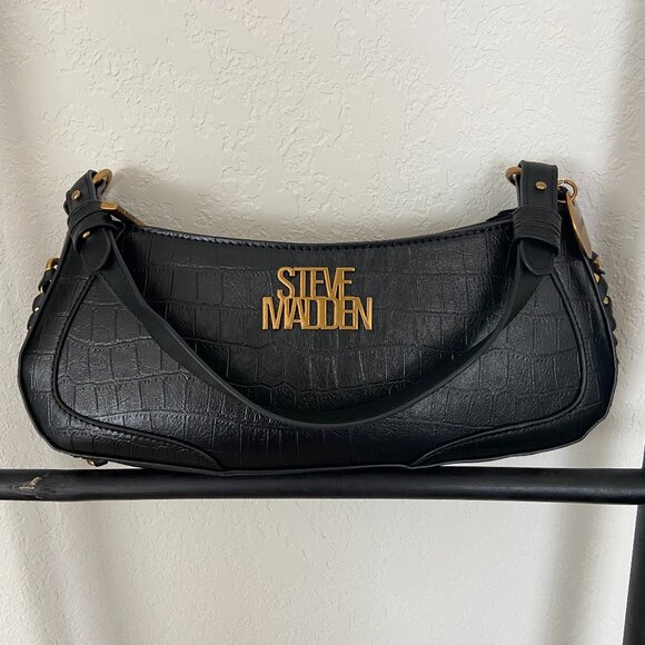 Steve Madden Crocodile Embossed Leather Handbag|Black Croc Baguette Shoulder Bag - Picture 7 of 11